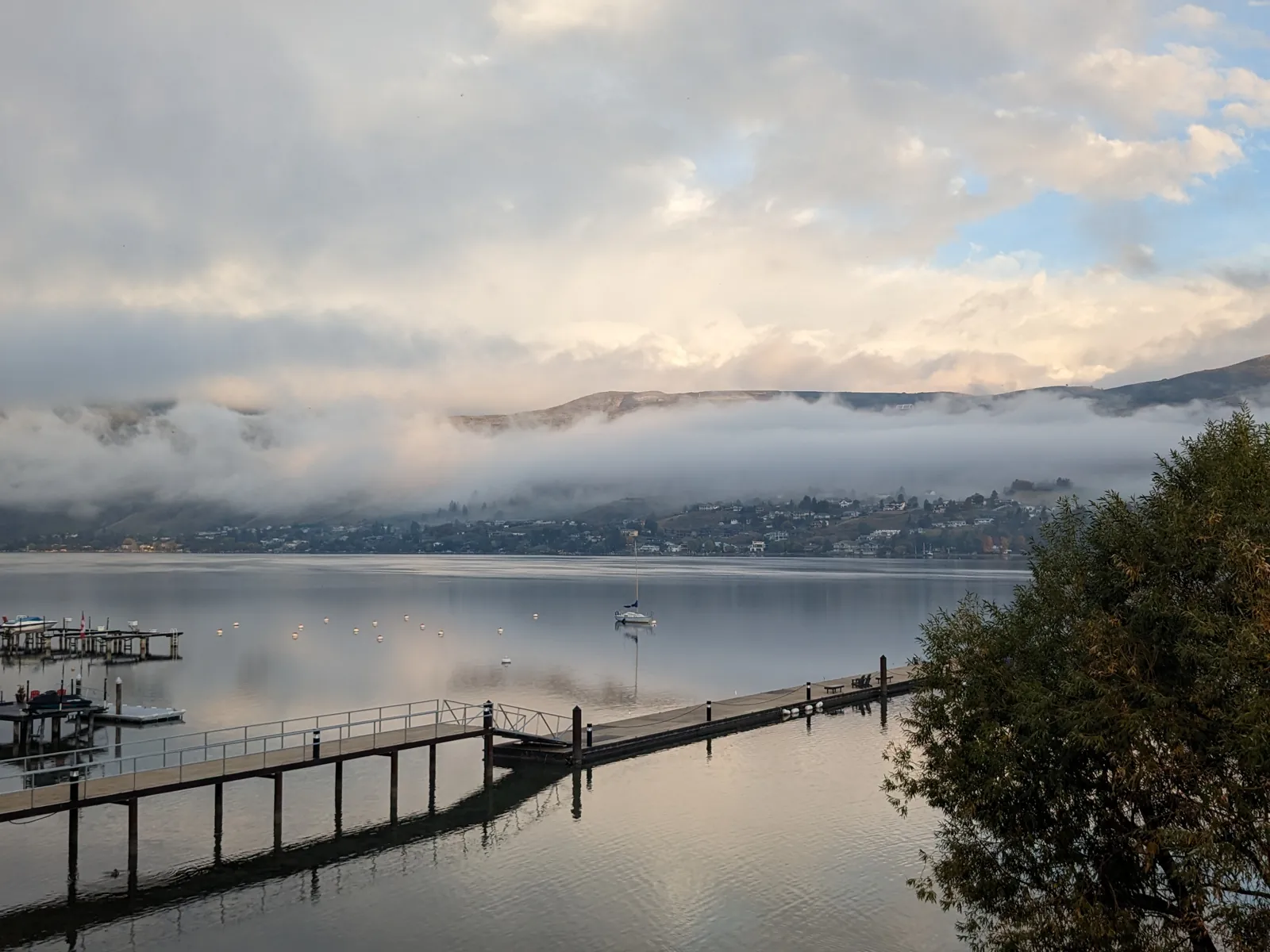 Morning mist over the docks at The Strand, Okanagan Landing